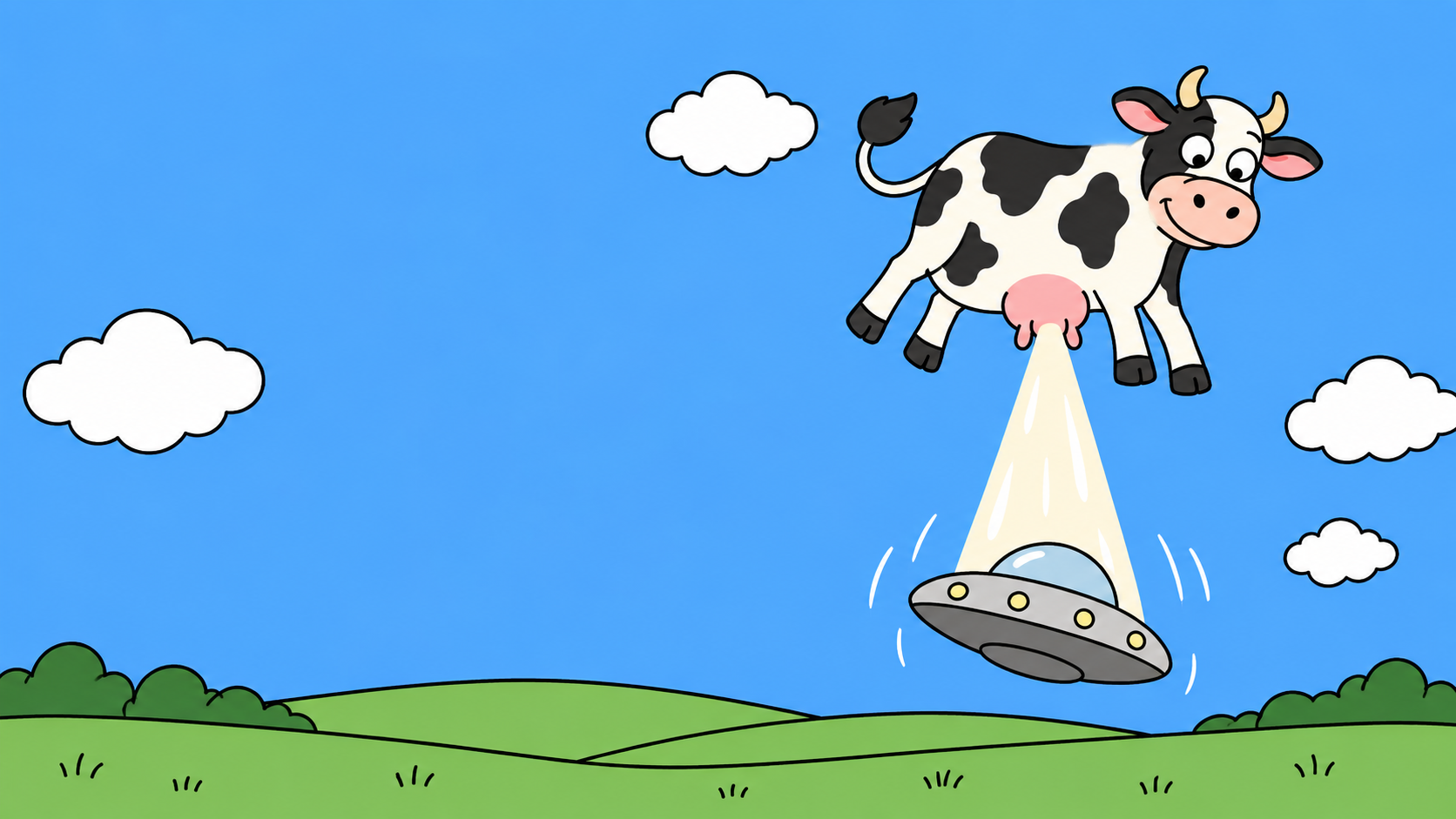 A cheerful cow being beamed toward a flying saucer